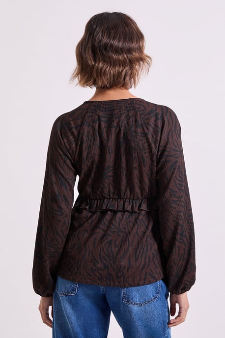 Brown Animal Empire Seam Frill Detail Printed Jersey Top - Image 3