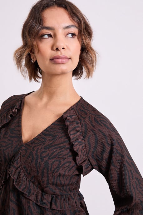 Brown Animal Empire Seam Frill Detail Printed Jersey Top - Image 4