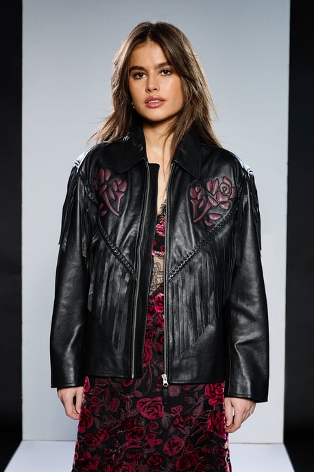 Runway 1.8.1.8 Leather Rose Detail Fringed Jacket - Image 2