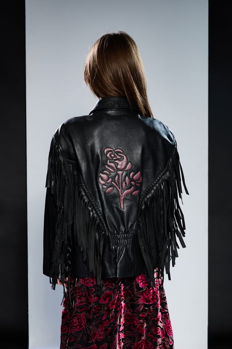 Runway 1.8.1.8 Leather Rose Detail Fringed Jacket - Image 3