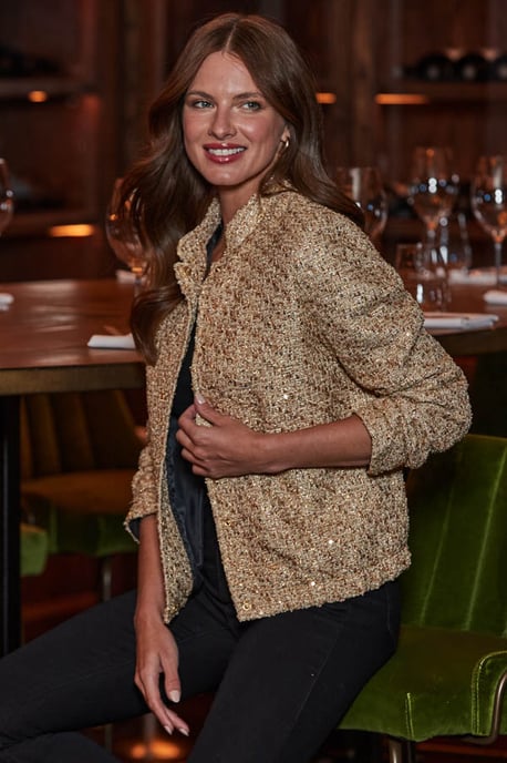 Gold Embellished Boucle Bomber Jacket - Image 1