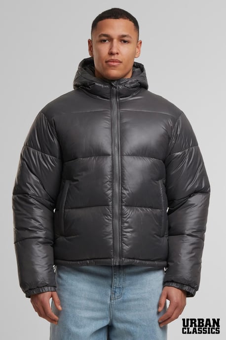 Grey Shiny Padded Puffer Hooded Zip Jacket - Image 1