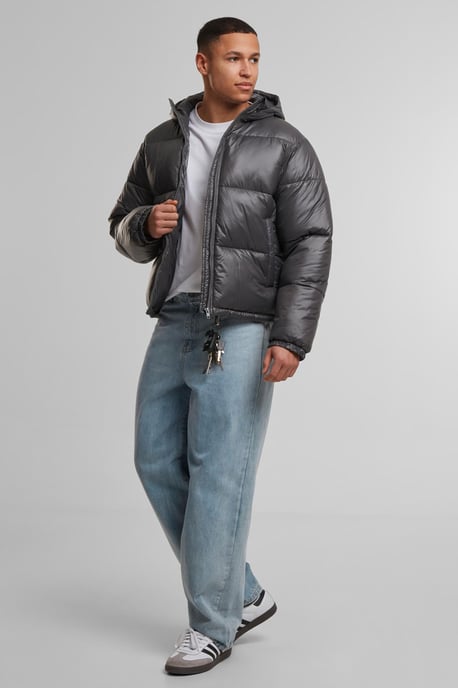 Grey Shiny Padded Puffer Hooded Zip Jacket - Image 4