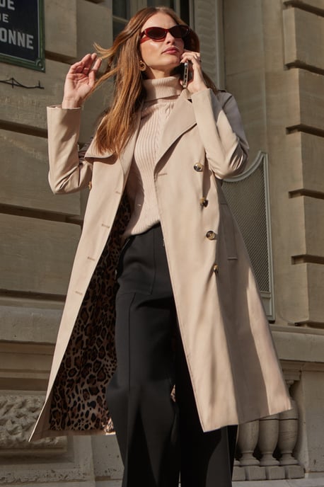 Ecru Leopard Print Lined Trench Coat - Image 1