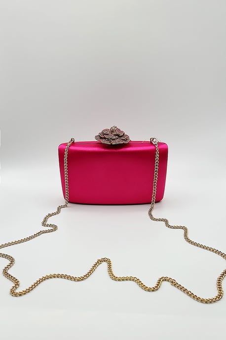 Satin Clutch Bag with Rose Jewel in Fuchsia - Image 3
