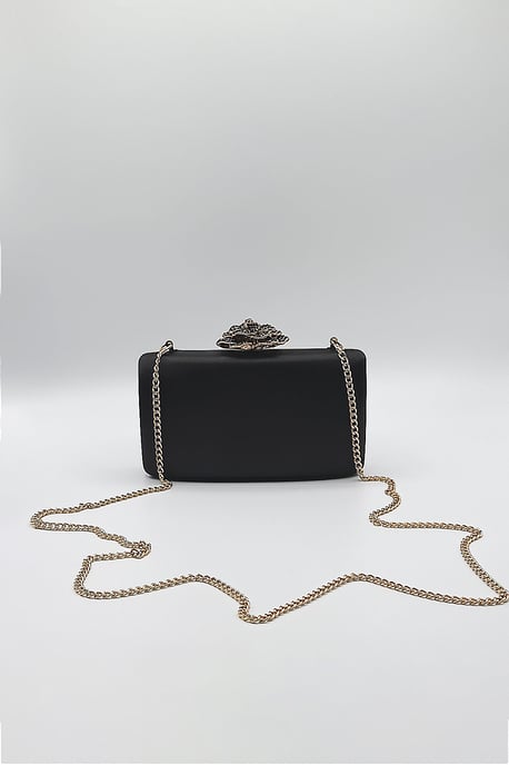 Satin Clutch Bag with Rose Jewel in Black - Image 3