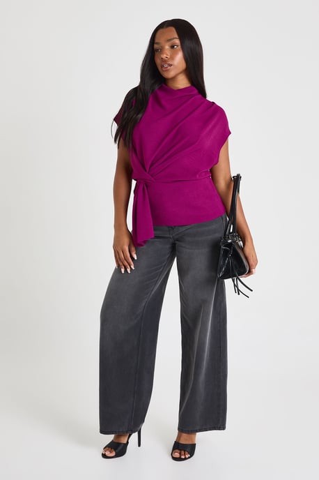 Hammered Knot Front Cowl Neck Blouse - Image 3