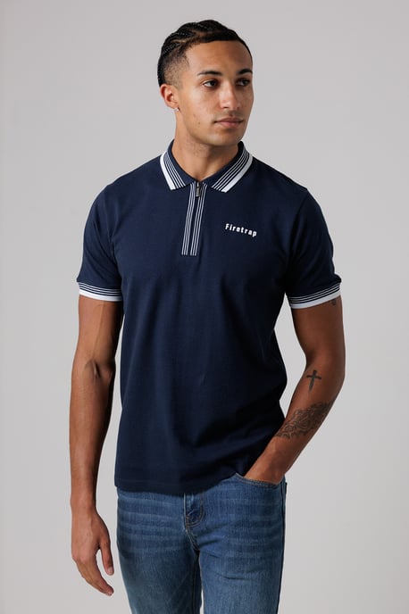 Navy Regular Fit Cotton Zip Polo Shirt With Gradient Stripes - Image 1