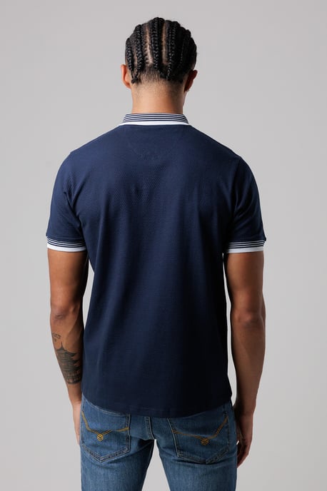 Navy Regular Fit Cotton Zip Polo Shirt With Gradient Stripes - Image 2