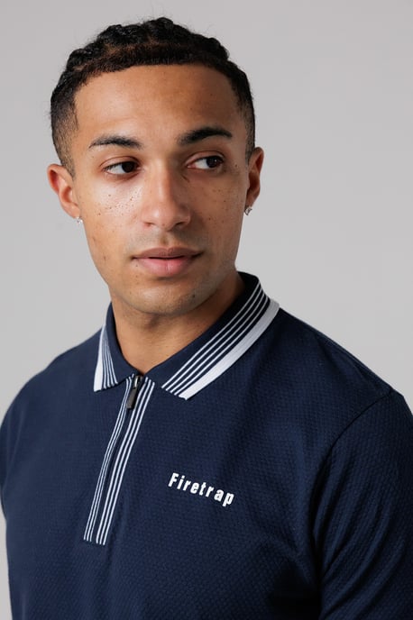 Navy Regular Fit Cotton Zip Polo Shirt With Gradient Stripes - Image 3