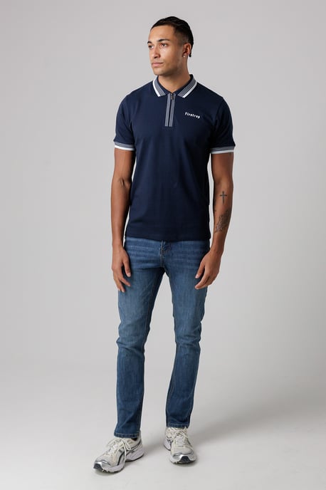 Navy Regular Fit Cotton Zip Polo Shirt With Gradient Stripes - Image 4