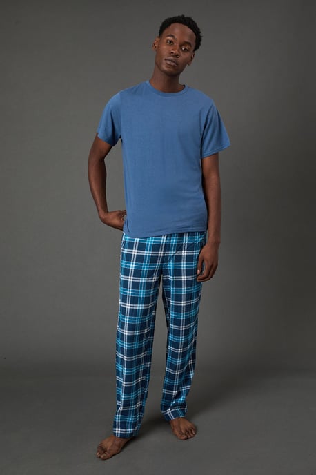 Light Blue Short Sleeve Jersey Top With Check Trouser Set - Image 1
