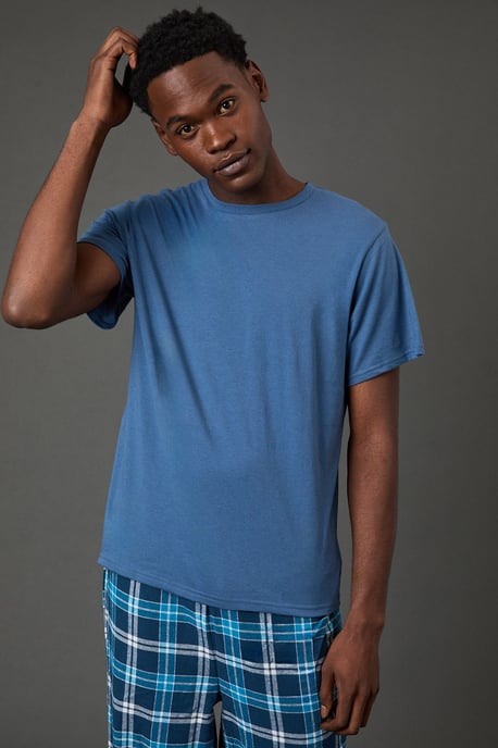 Light Blue Short Sleeve Jersey Top With Check Trouser Set - Image 2