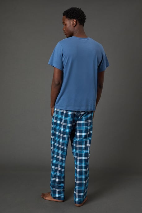 Light Blue Short Sleeve Jersey Top With Check Trouser Set - Image 3