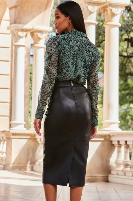 Black Leather Panelled Pencil Midi Skirt - Image 3