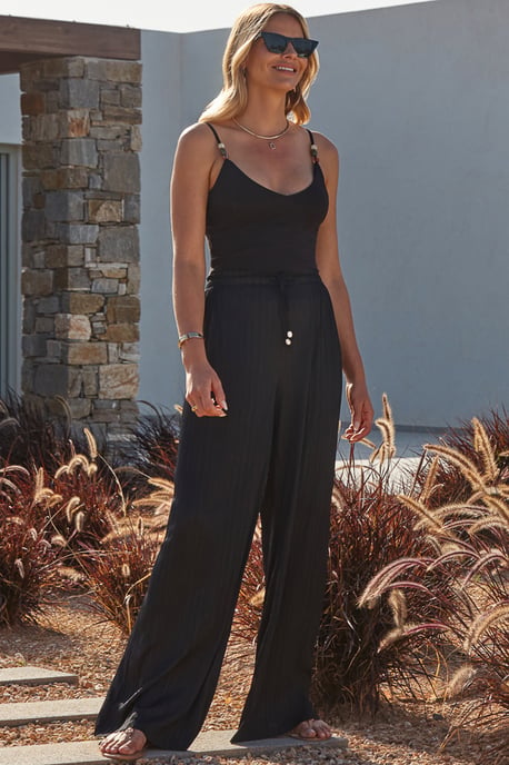 Black Plisse Relaxed Fit Wide Leg Trousers - Image 2