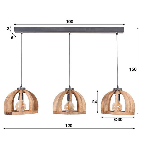 Hoyz Hoyz hanglamp gemaakt van naturel mangohout- 3 lampen gebogen houten spijlen Ø30 stoere look -150cm in hoogte verstelbaar industriële hanglamp voor woonkamer of eetkamer - Image 3