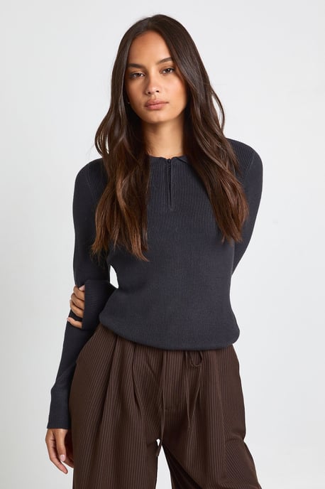 Premium Long Sleeve Collared Rib Knit Top - Image 3