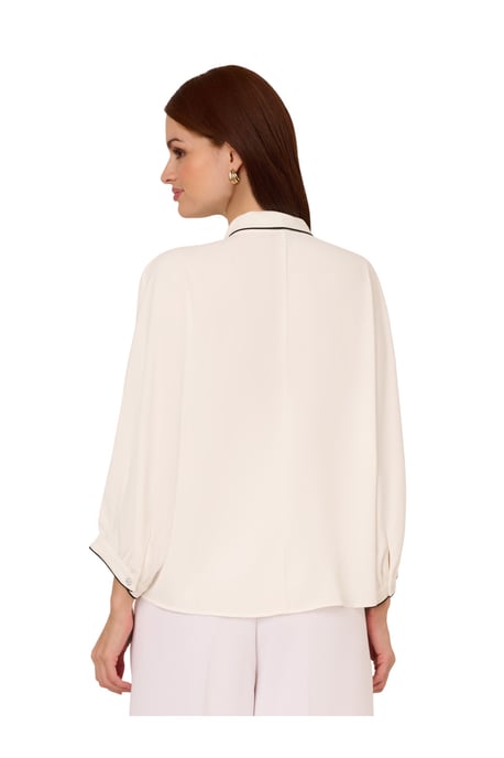 Oversized Tipped Bow Tie Neck Blouse With Puffed 3/4 Sleeves - Image 2
