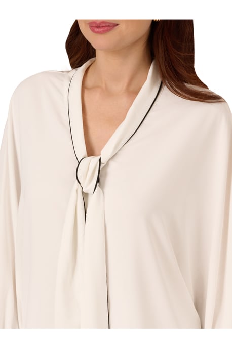 Oversized Tipped Bow Tie Neck Blouse With Puffed 3/4 Sleeves - Image 3