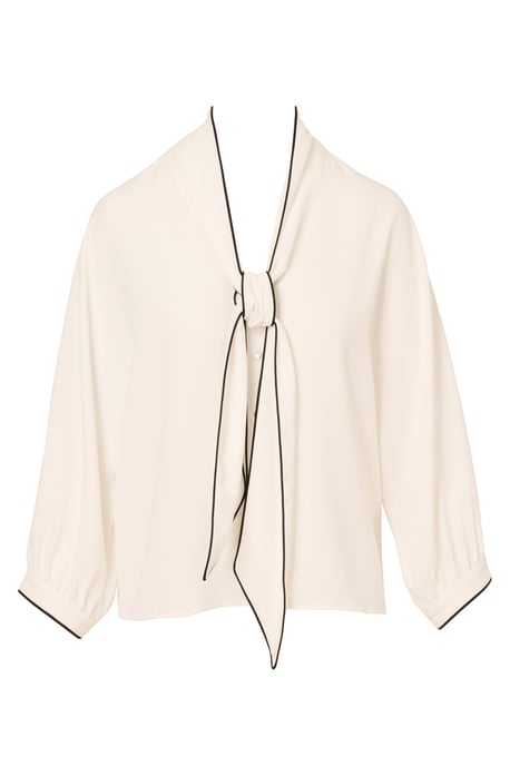 Oversized Tipped Bow Tie Neck Blouse With Puffed 3/4 Sleeves - Image 4