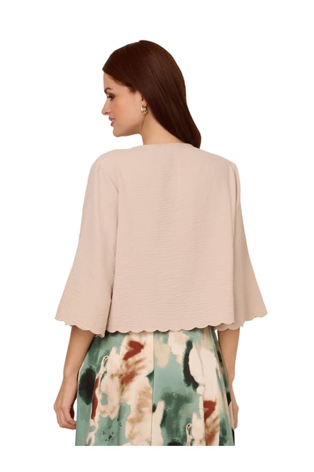 V-Neck Open Front Woven Top With Embroidery Scalloped Edge - Image 2