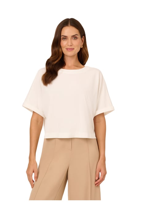Crew Neck Short Sleeve Dolman Boxy Rib Knit Crop Top - Image 1