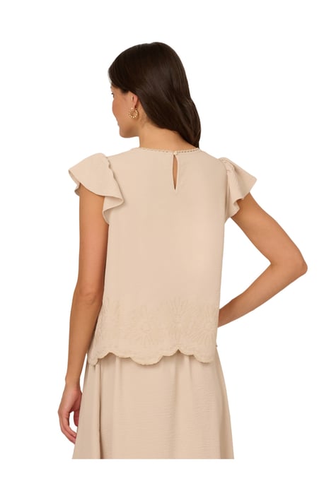 Scalloped Crew Neck Swingy Airflow Flutter Sleeve Cutout Top - Image 2