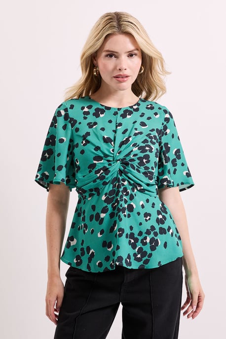 Green Animal Twist Front Angel Sleeve Top - Image 2