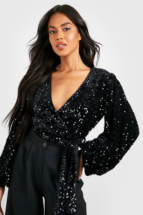 Volume Sleeve Velvet Sequin Bodysuit - Image 1
