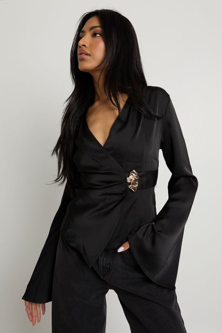 Gold Trim Satin Long Sleeve Top - Image 1