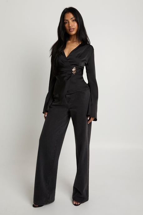 Gold Trim Satin Long Sleeve Top - Image 3