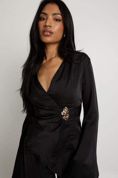 Gold Trim Satin Long Sleeve Top - Image 4