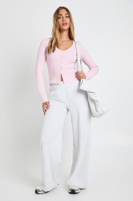 Ribbed Button Through V Neck Long Sleeve Top - Image 2