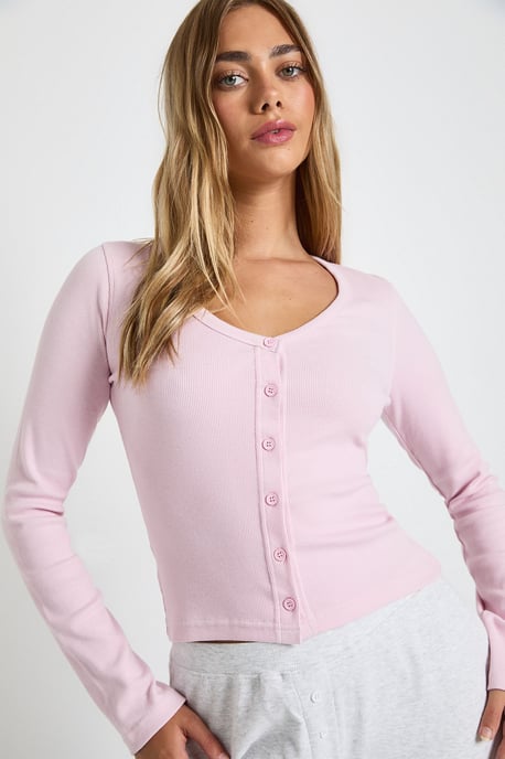 Ribbed Button Through V Neck Long Sleeve Top - Image 4