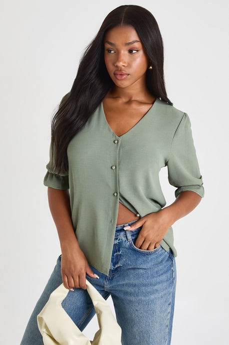 Hammered Puff Sleeve Button Front Blouse - Image 1