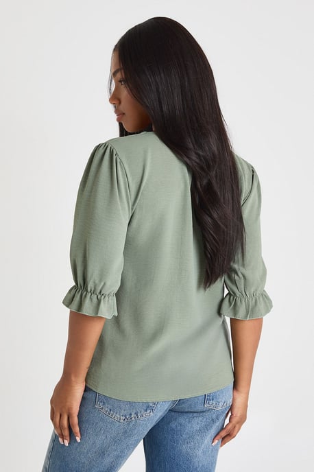 Hammered Puff Sleeve Button Front Blouse - Image 2