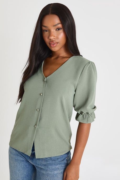 Hammered Puff Sleeve Button Front Blouse - Image 3