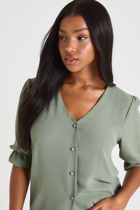 Hammered Puff Sleeve Button Front Blouse - Image 4