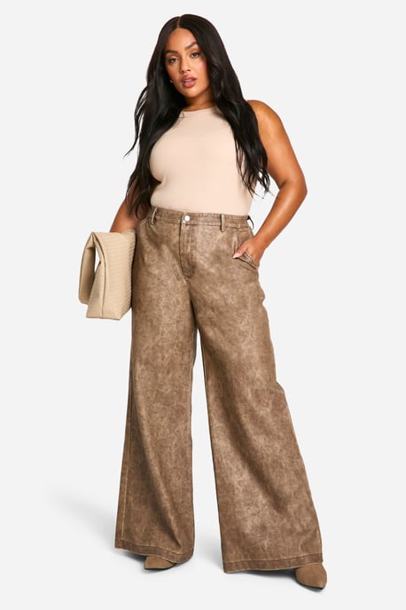 Plus High Waisted Washed Pu Wide Leg Trouser - Image 1