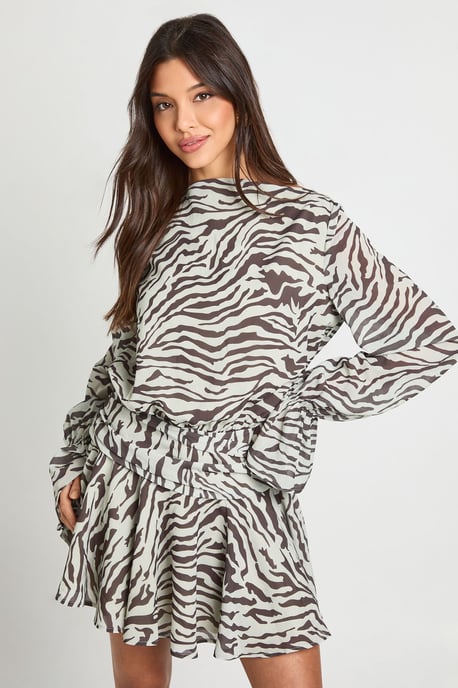 Zebra Printed Slash Neck Smock Dress - Image 1