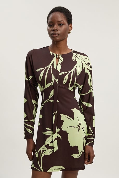 Floral Print Keyhole Tie Detail Crepe Long Sleeve Mini Dress - Image 2