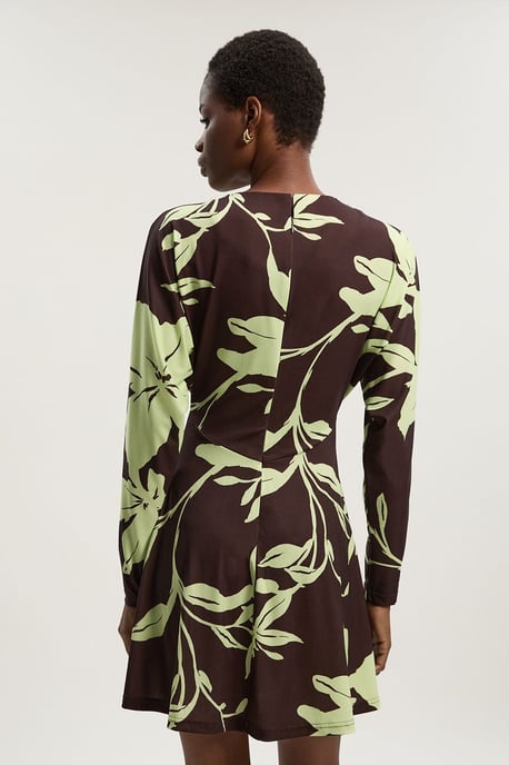 Floral Print Keyhole Tie Detail Crepe Long Sleeve Mini Dress - Image 3