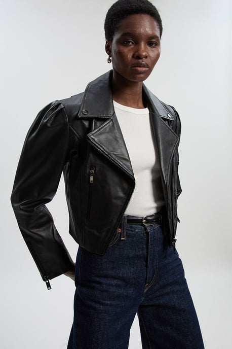 Leather Strong Shoulder Crop Biker Jacket - Image 2