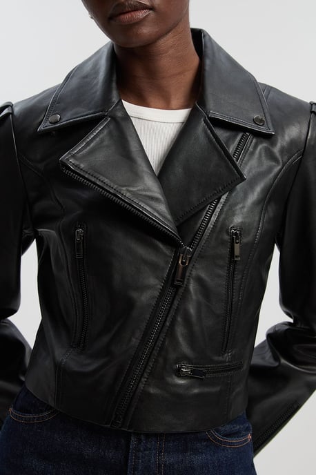 Leather Strong Shoulder Crop Biker Jacket - Image 3