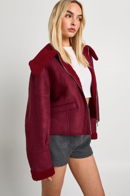 Teddy Trim Faux Suede Aviator - Image 3
