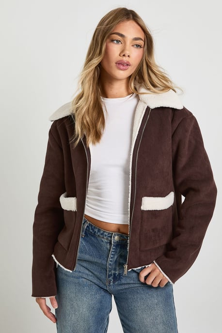 Teddy Trim Faux Suede Aviator - Image 1