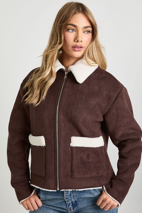 Teddy Trim Faux Suede Aviator - Image 3