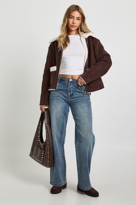 Teddy Trim Faux Suede Aviator - Image 4