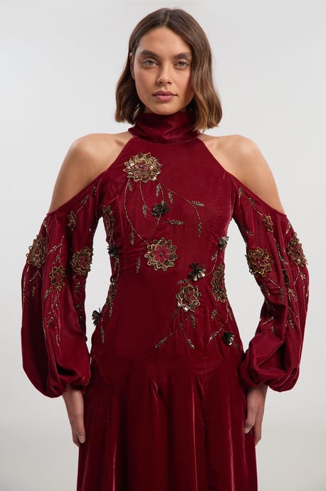 Velvet Cold Shoulder 3D Floral Applique Woven Maxi Dress - Image 1